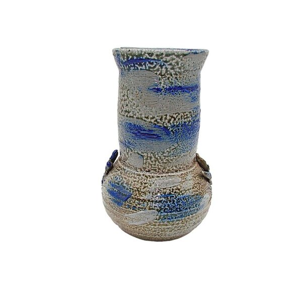 Vintage Handcrafted Pottery Vase Jar Floral Blue Gray Brown 8" Signed DW '87 - Picture 2 of 12